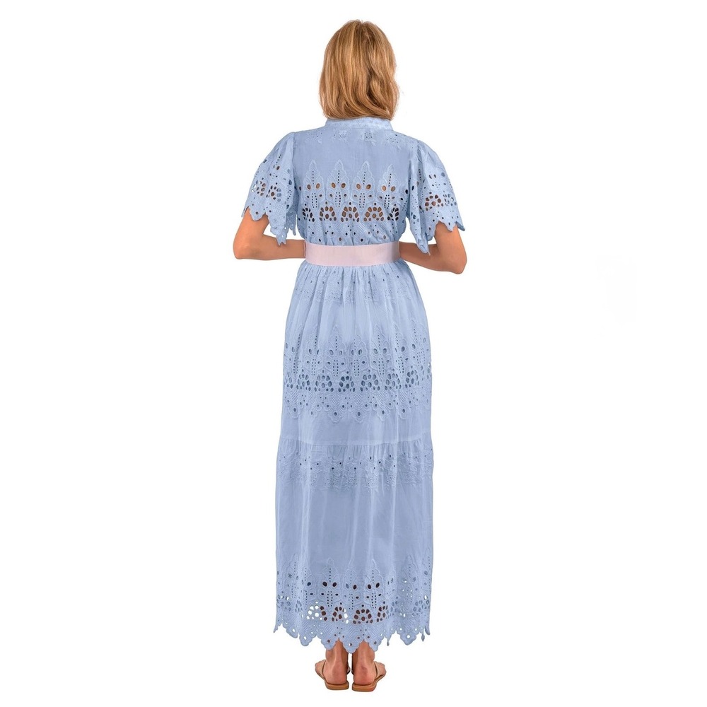 Gretchen Scott La Di Da Blue Eyelet Cotton Midi Dress Diva Pockets L Feminine - Picture 4 of 16